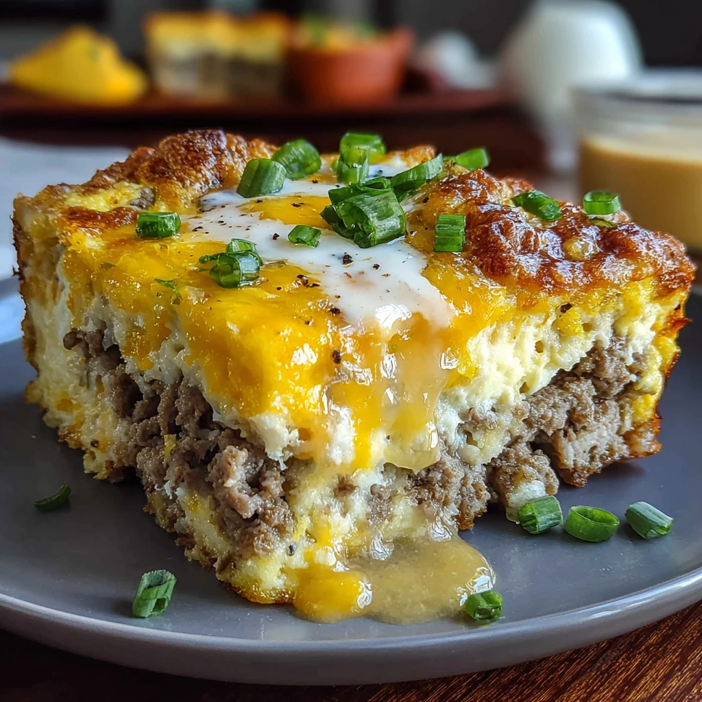 A piece of sausage, egg, and cream cheese casserole.