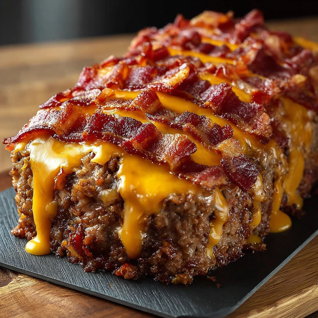 A slice of bacon cheeseburger meatloaf.