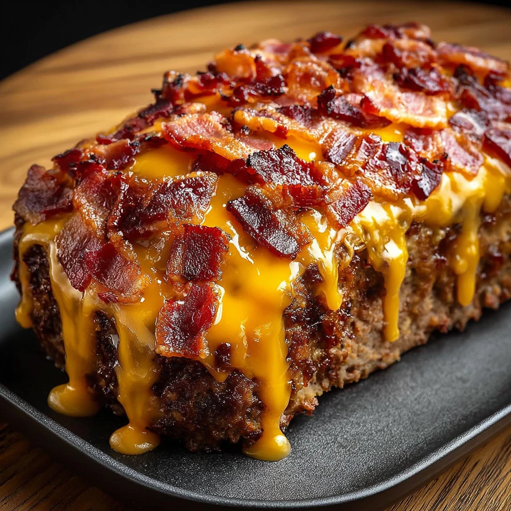 A slice of bacon cheeseburger meatloaf.