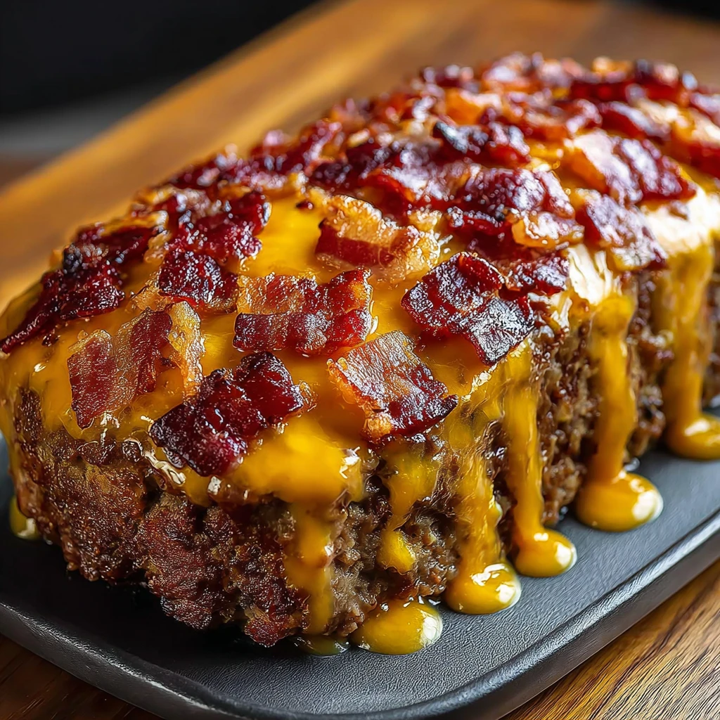 A close up of a bacon cheeseburger meatloaf.