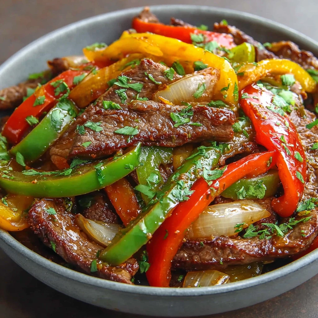 A bowl of food with peppers and onions.
