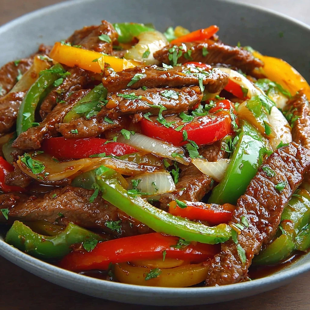 A bowl of beef and peppers.