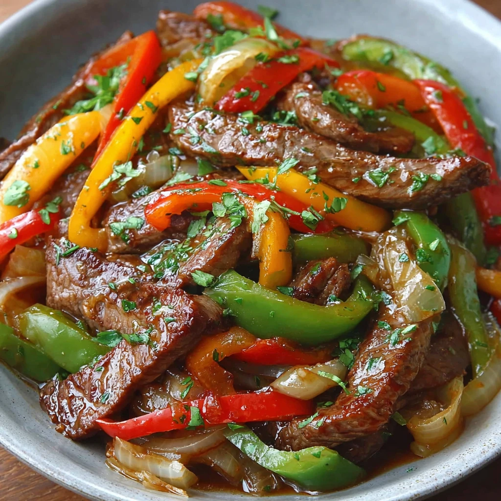 A bowl of food with peppers and onions.