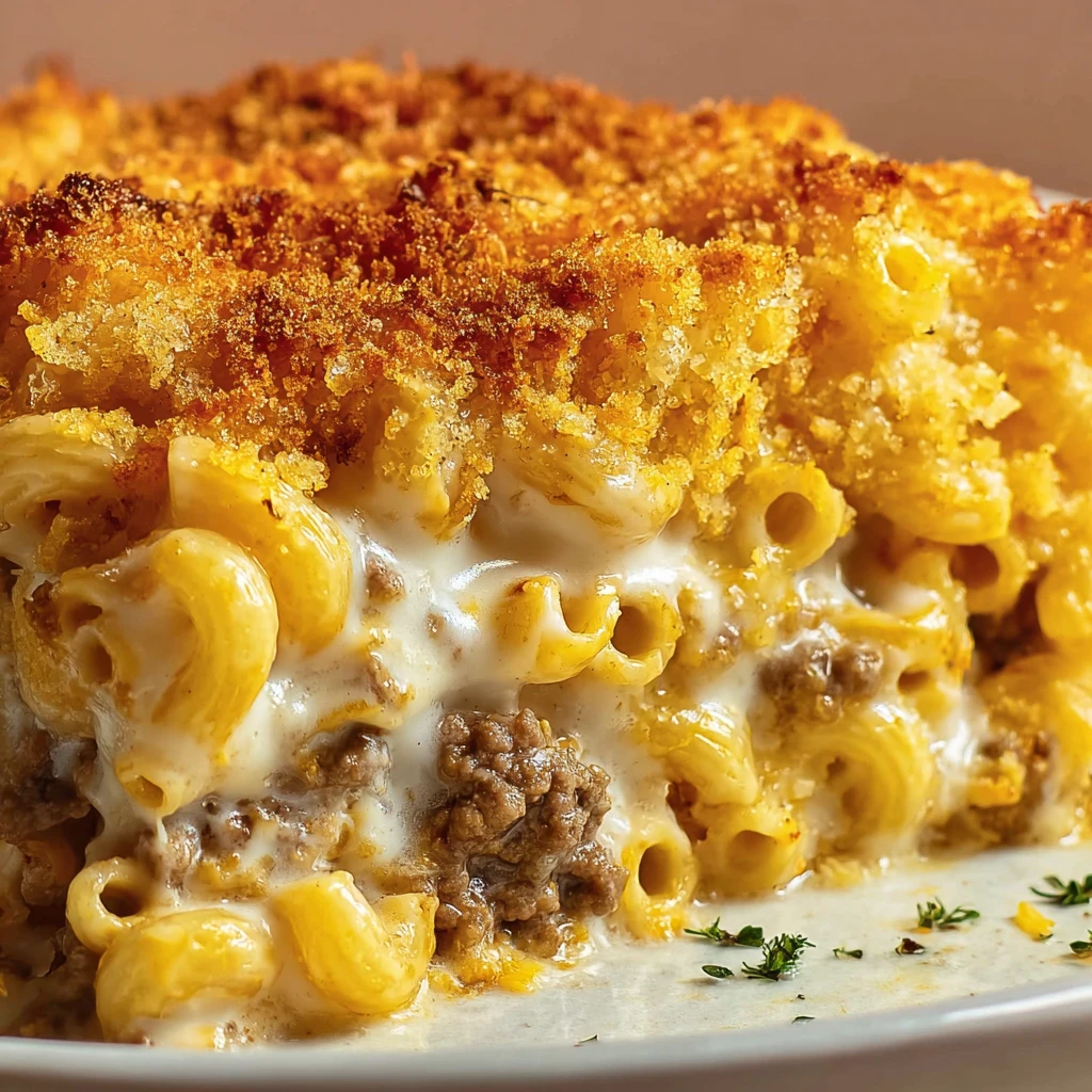 A cheesy macaroni hamburger casserole.