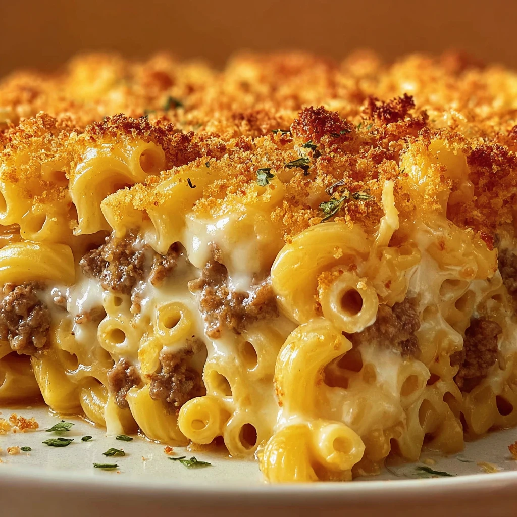 A cheesy macaroni hamburger casserole.