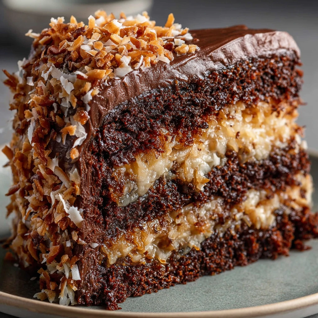 A slice of German chocolate cake with coconut and pecans.