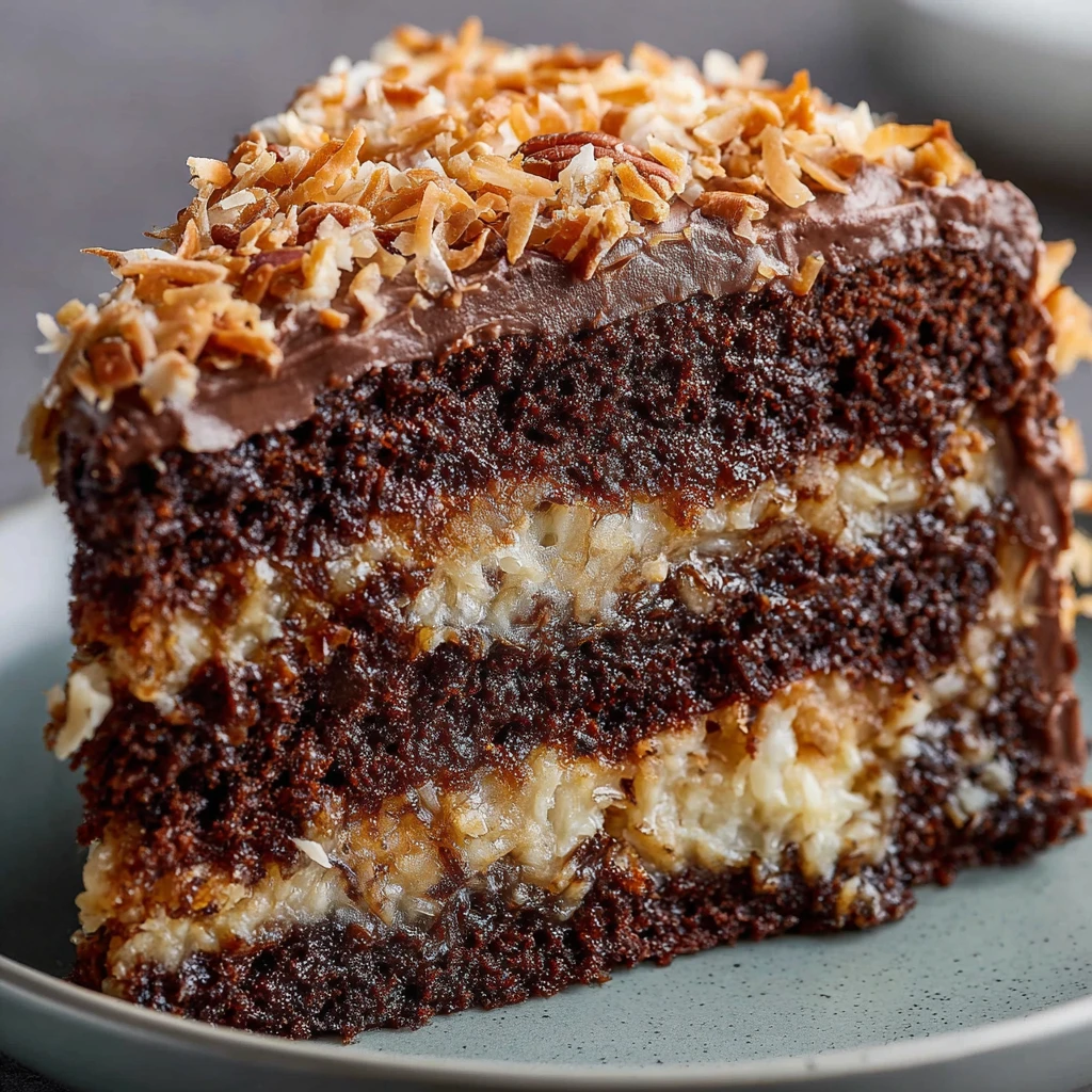 A slice of German Chocolate Cake with coconut and pecans.