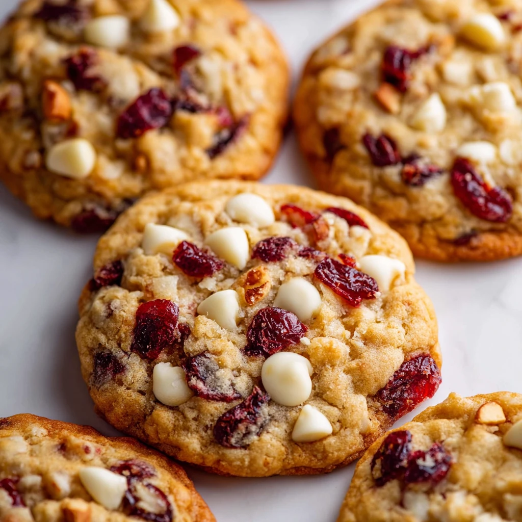 White chocolate cranberry cookies on a table.