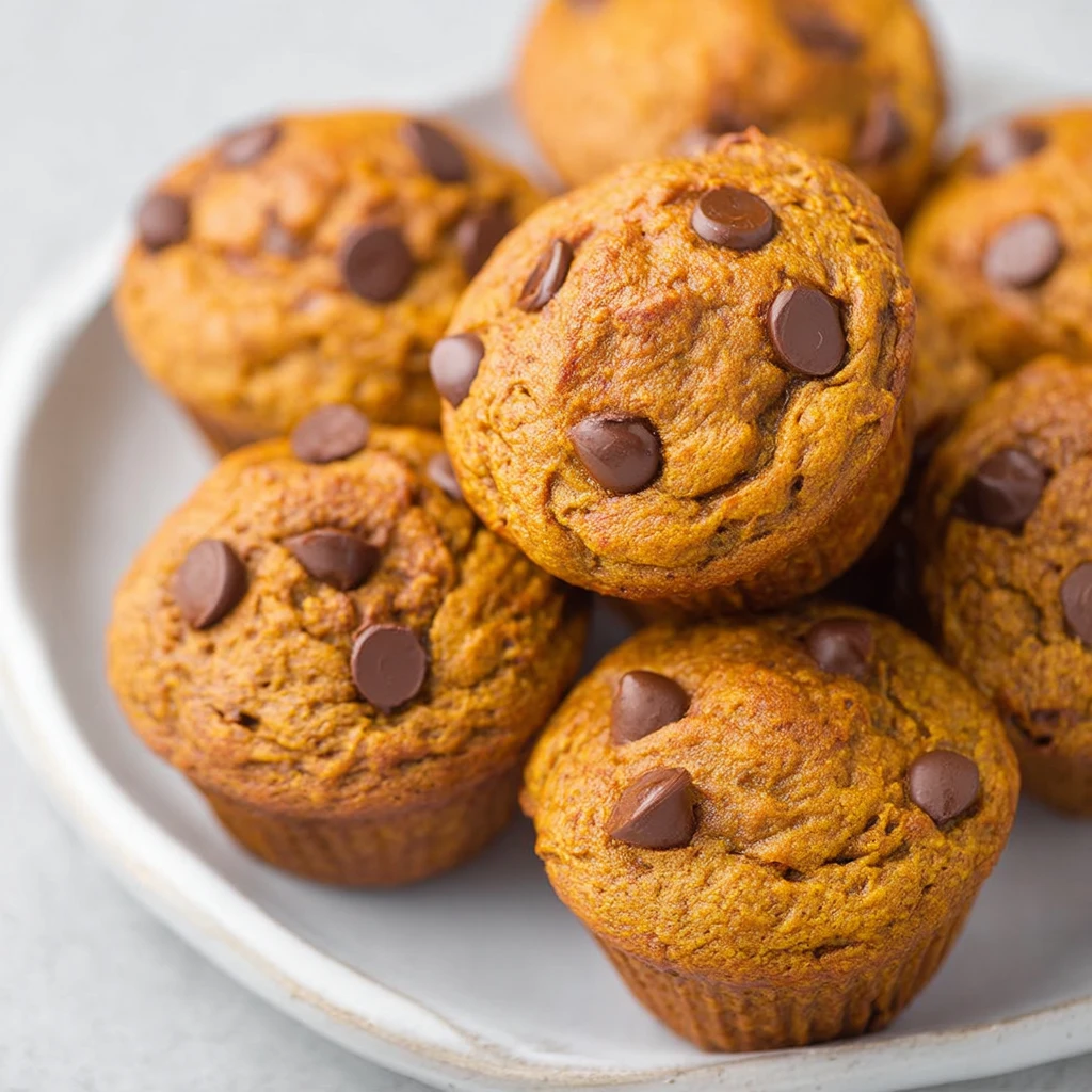 A plate of muffins with chocolate chips and pumpkin.