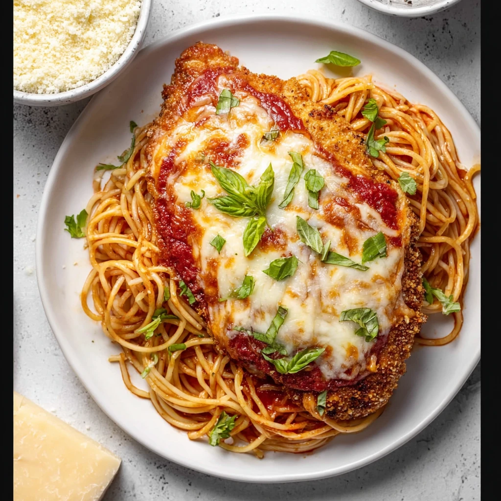 A plate of chicken parmesan with pasta.