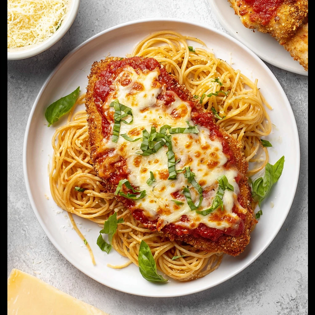 A plate of chicken parmesan with pasta.