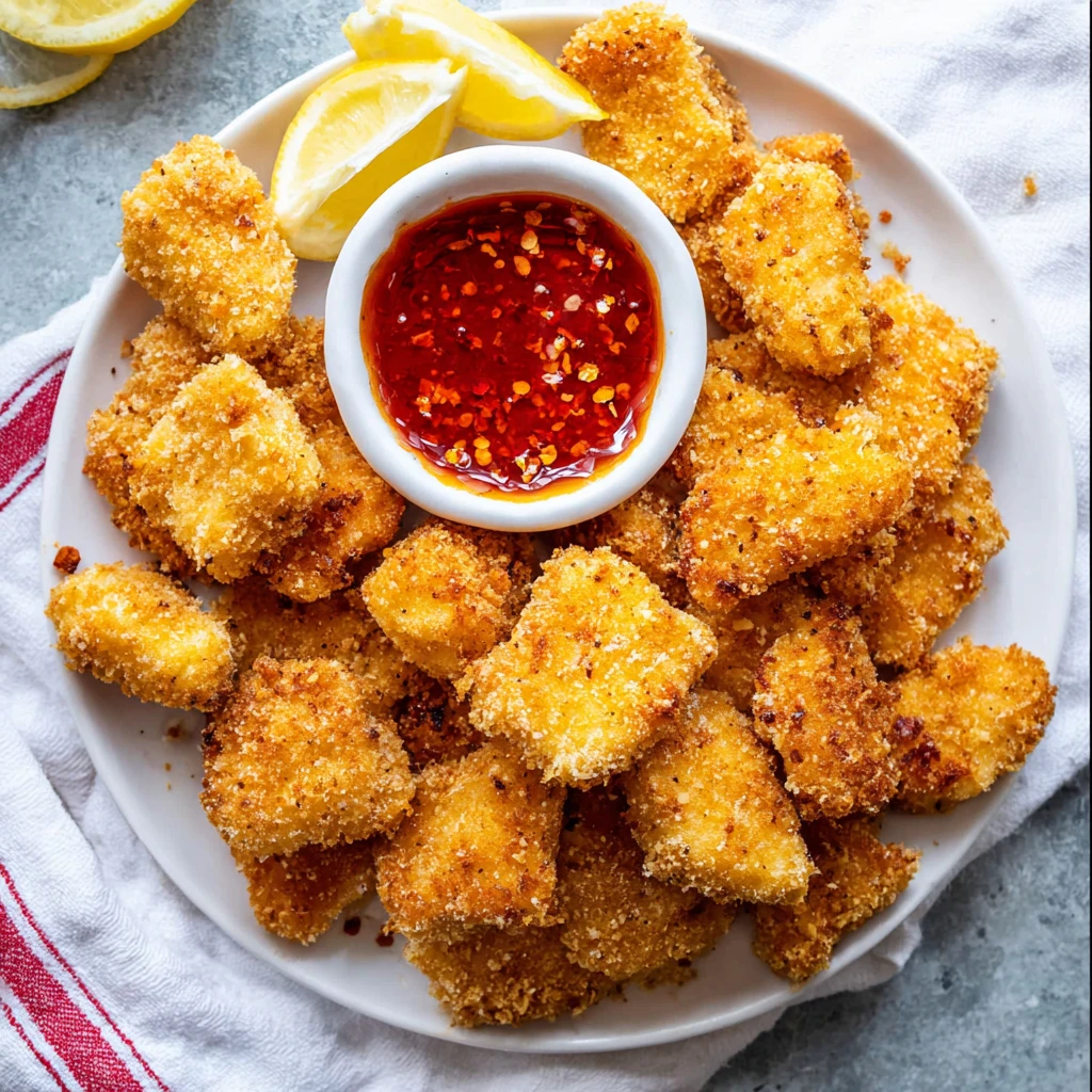 A plate of air fryer chicken nuggets with a dipping sauce.