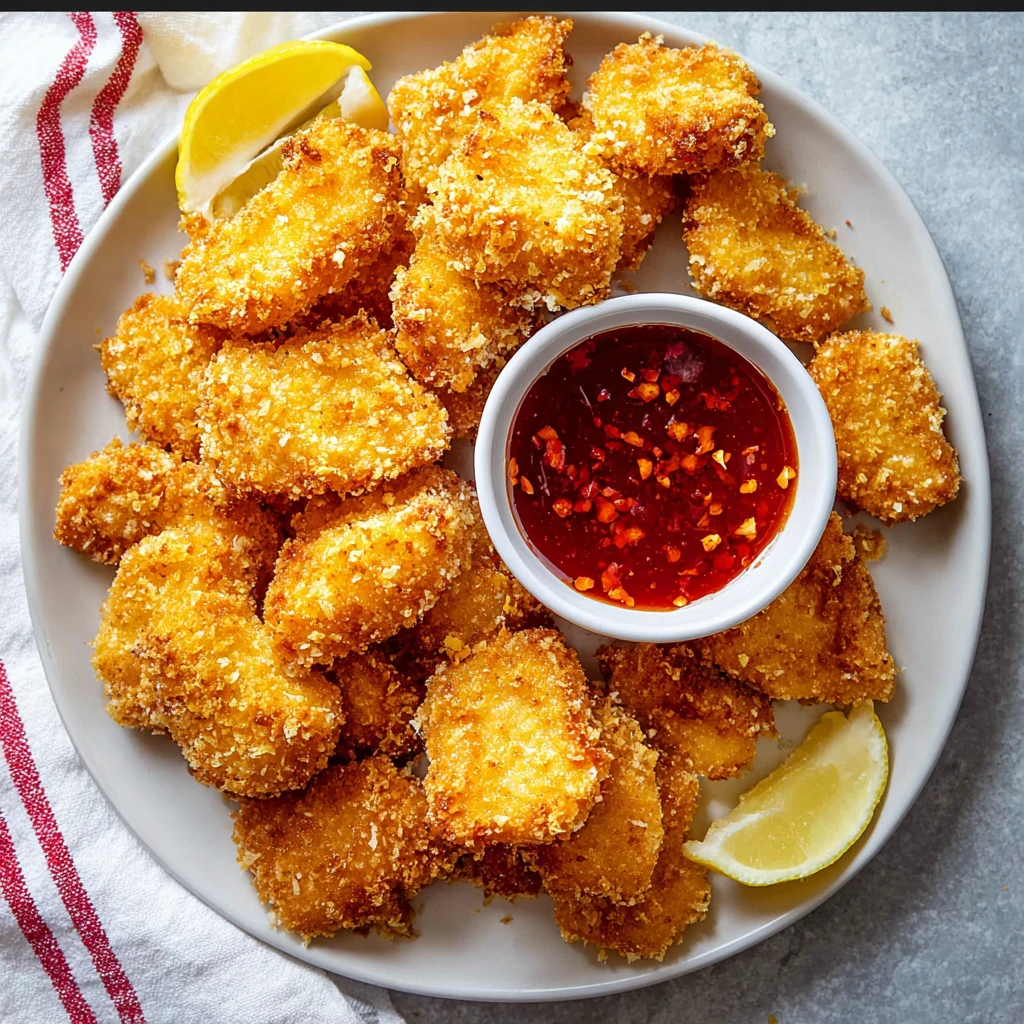 A plate of air fryer chicken nuggets with a bowl of sauce.