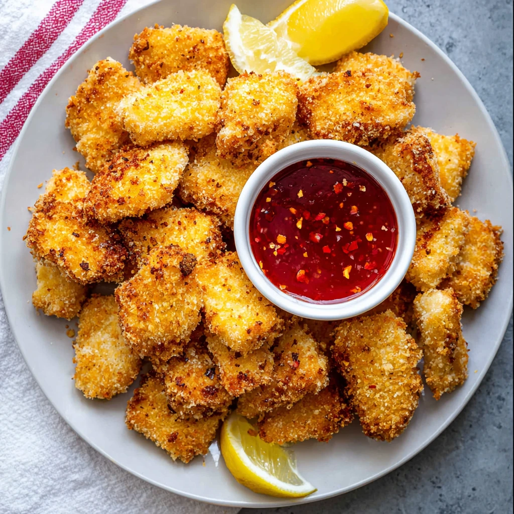 A plate of air fryer chicken nuggets with a bowl of sauce.