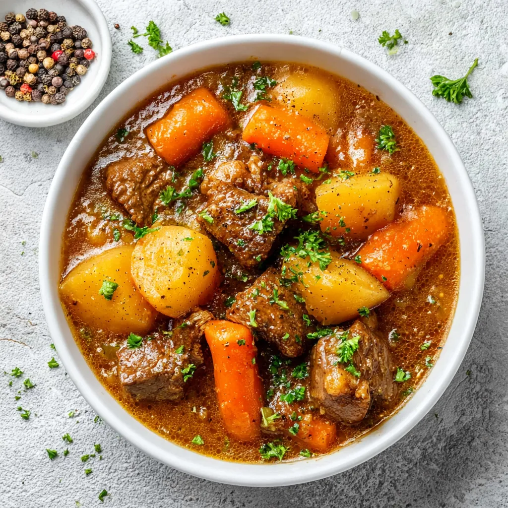 A bowl of beef stew with carrots and potatoes.