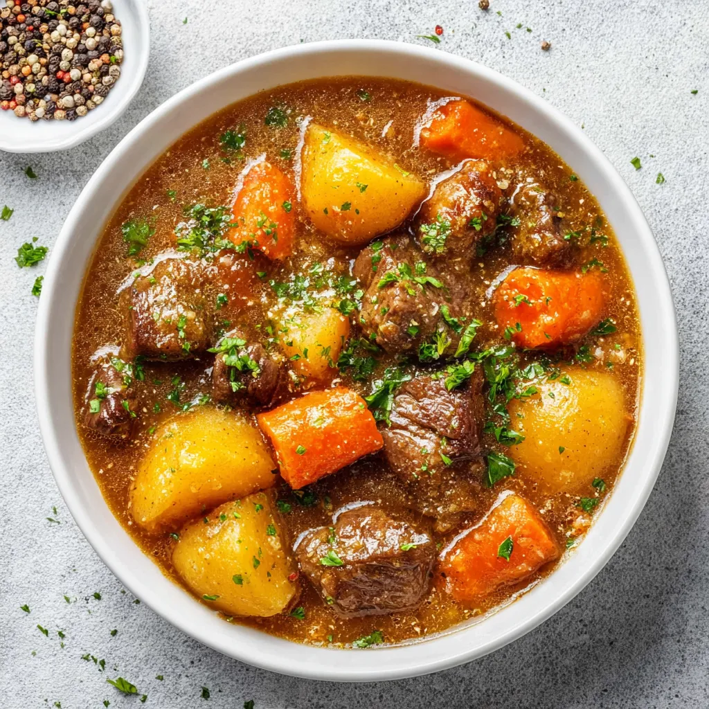 A bowl of beef stew with carrots and potatoes.