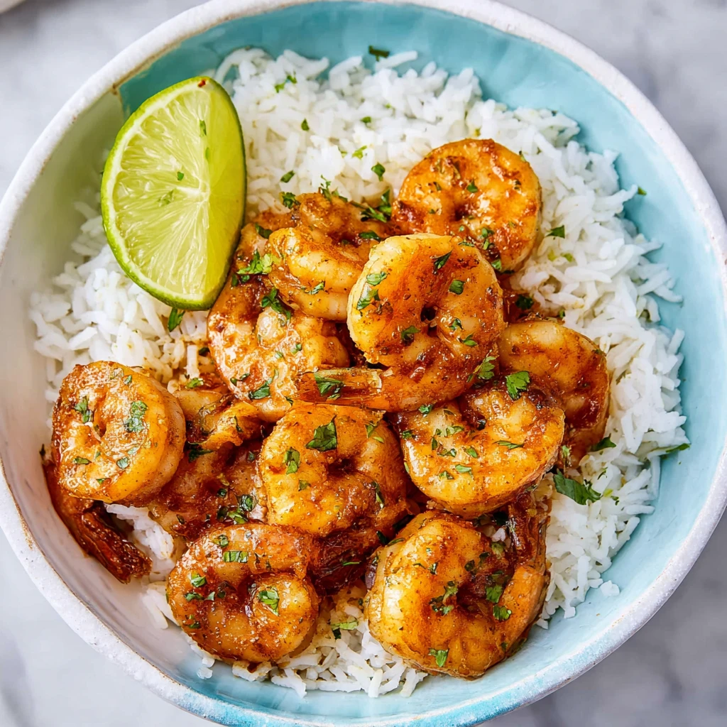 A bowl of shrimp and rice with a lime wedge on top.