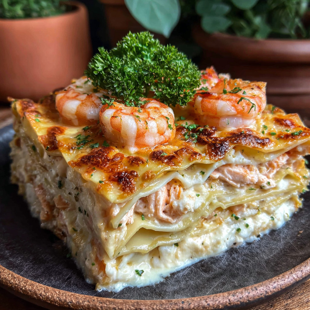 A seafood lasagna with shrimp and crab on top.