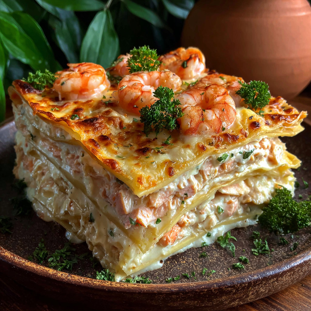 A seafood lasagna with shrimp and crab on top.