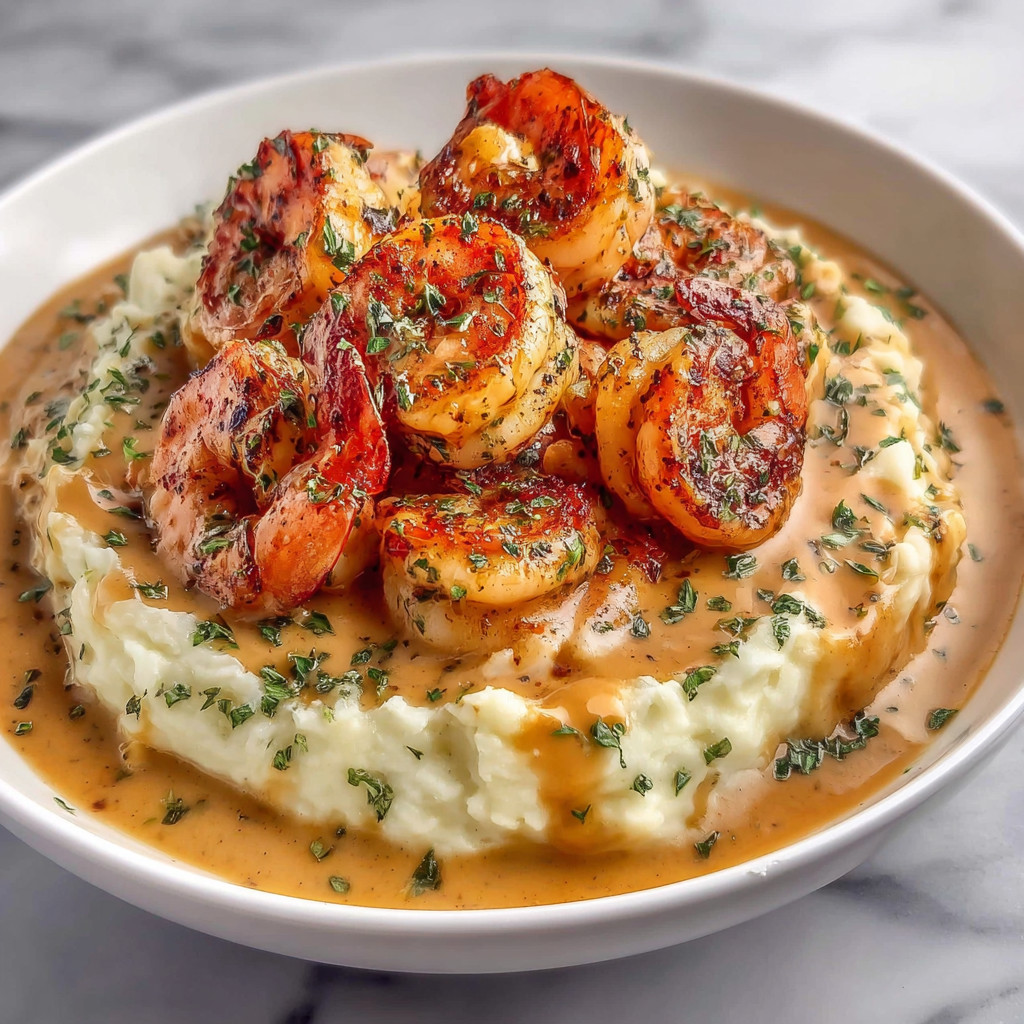 A bowl of creamy garlic shrimp potatoes.