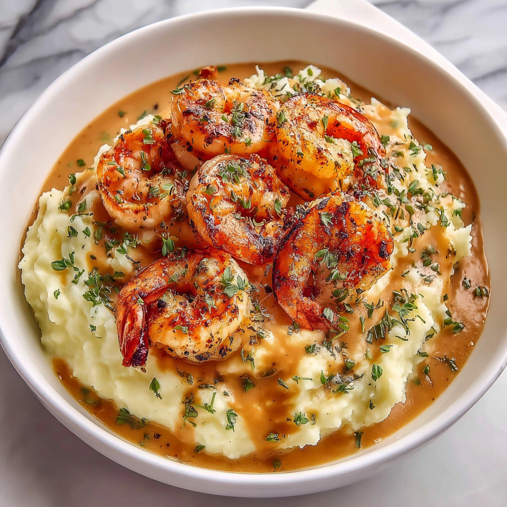 A bowl of shrimp and potatoes with a creamy garlic sauce.
