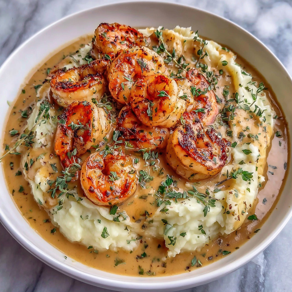 A bowl of creamy garlic shrimp potatoes.