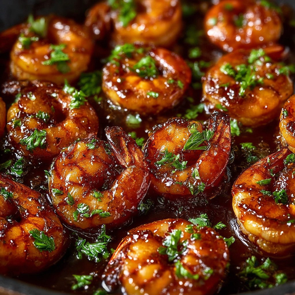 A pan of shrimp with honey butter and old bay seasoning.