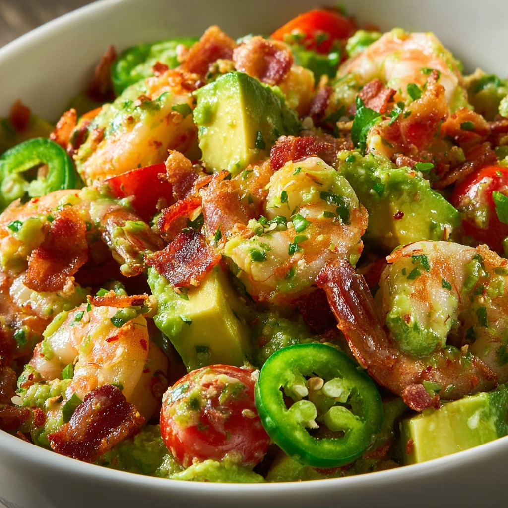 A bowl of shrimp salad with avocado and bacon.