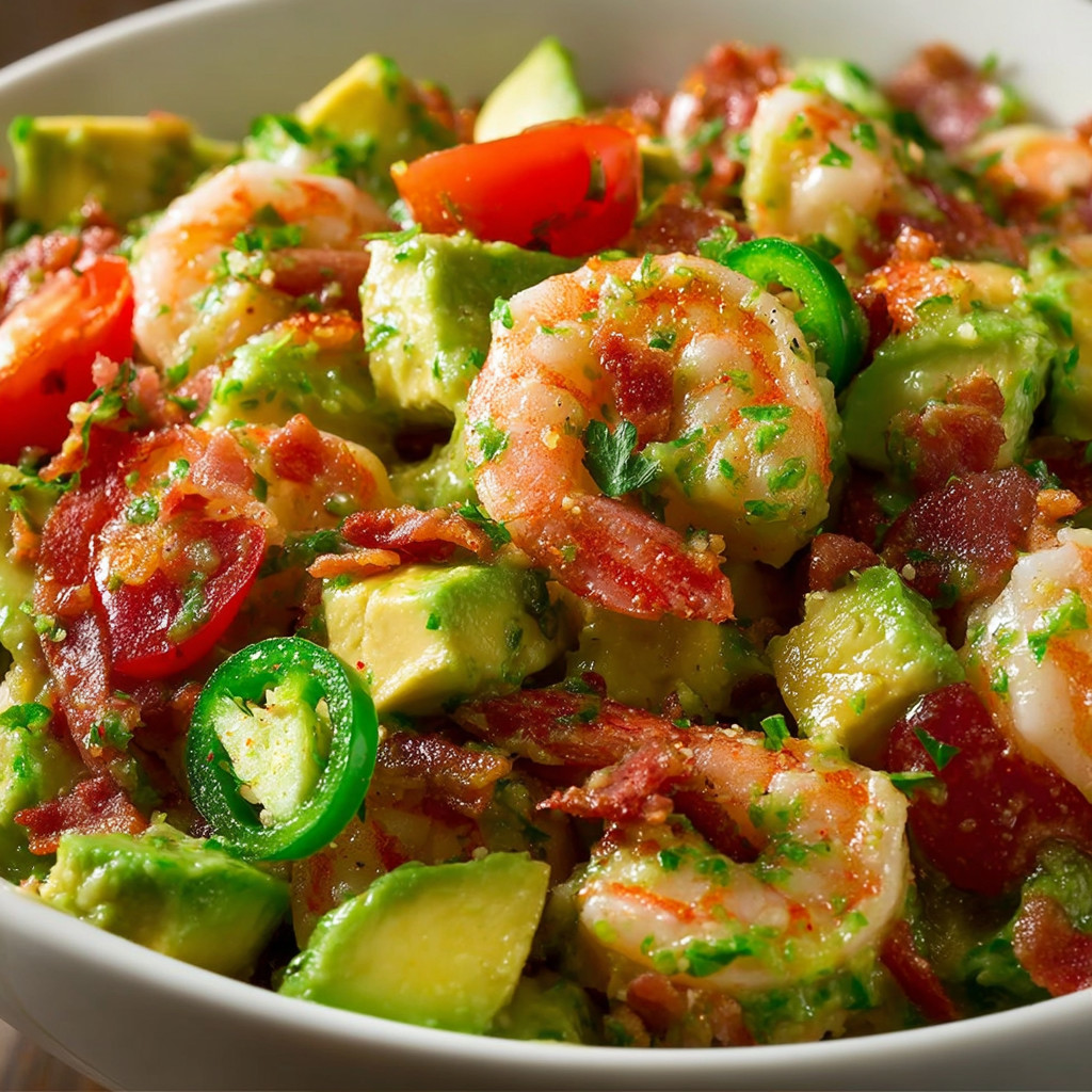 A bowl of shrimp salad with avocado and bacon.