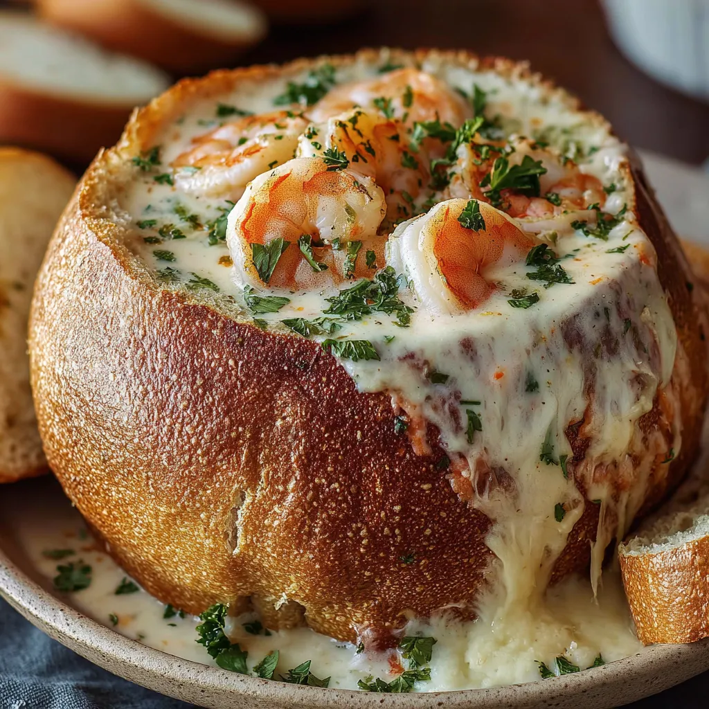 A stuffed seafood bread bowl with shrimp and cheese.