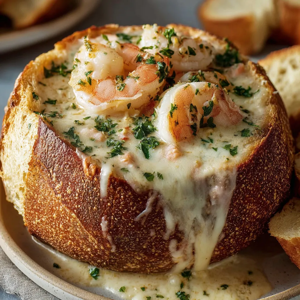 A stuffed seafood bread bowl with cheese and herbs.