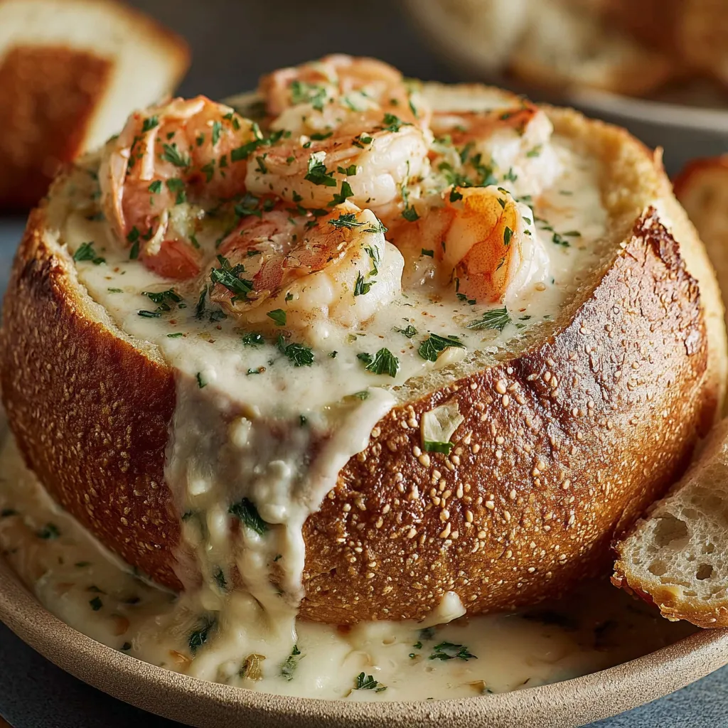 A stuffed seafood bread bowl with shrimp and cheese.