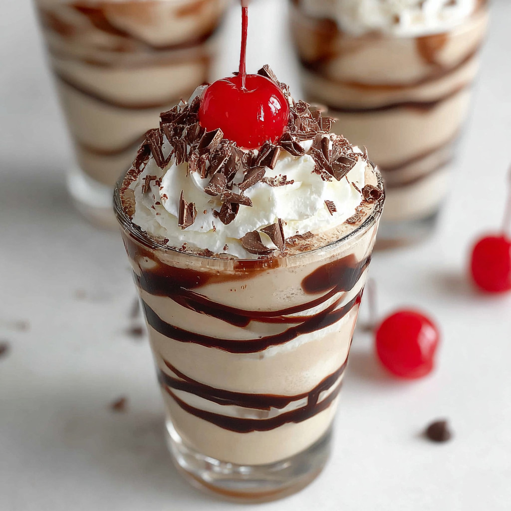 A glass of frozen mudslide with a cherry on top.