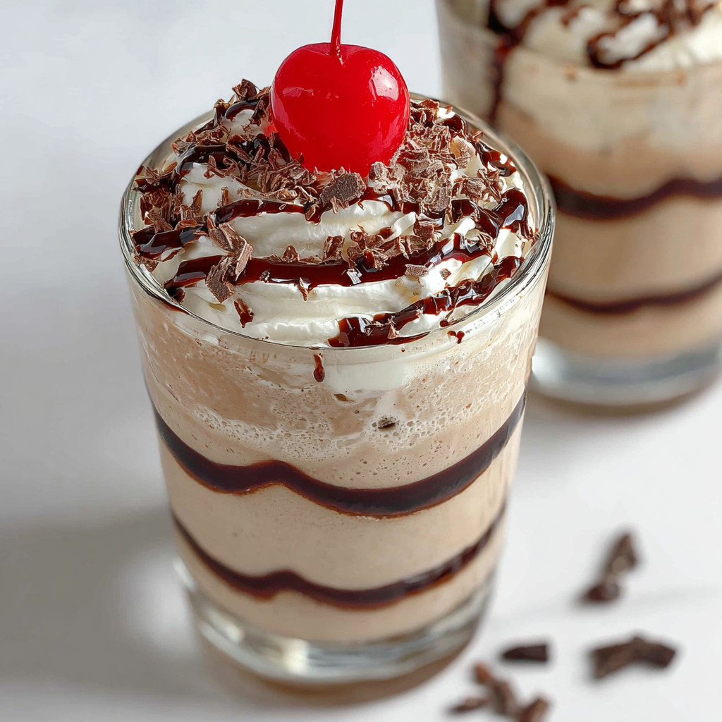 A glass of frozen mudslide with a cherry on top.