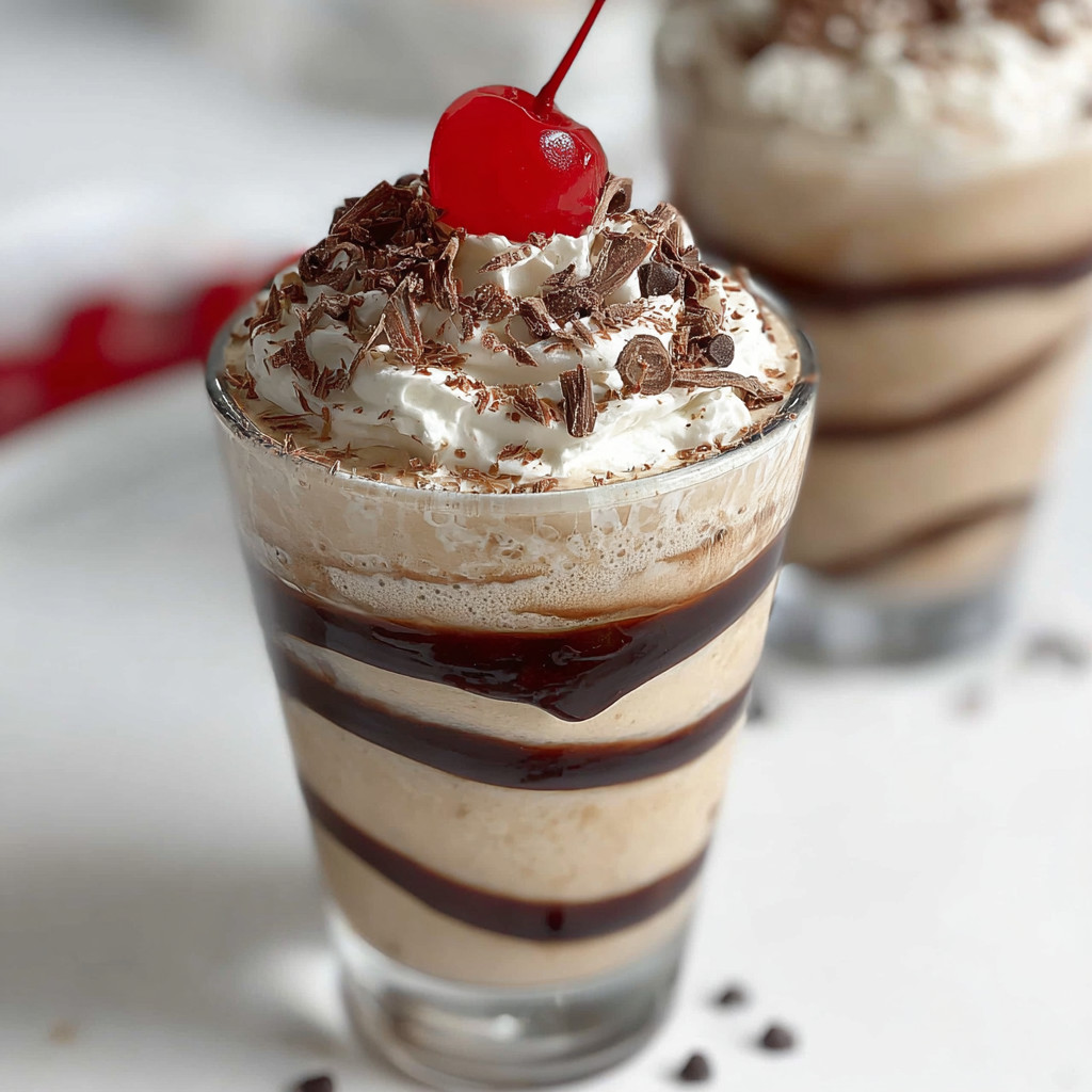 A glass of frozen mudslide with a cherry on top.