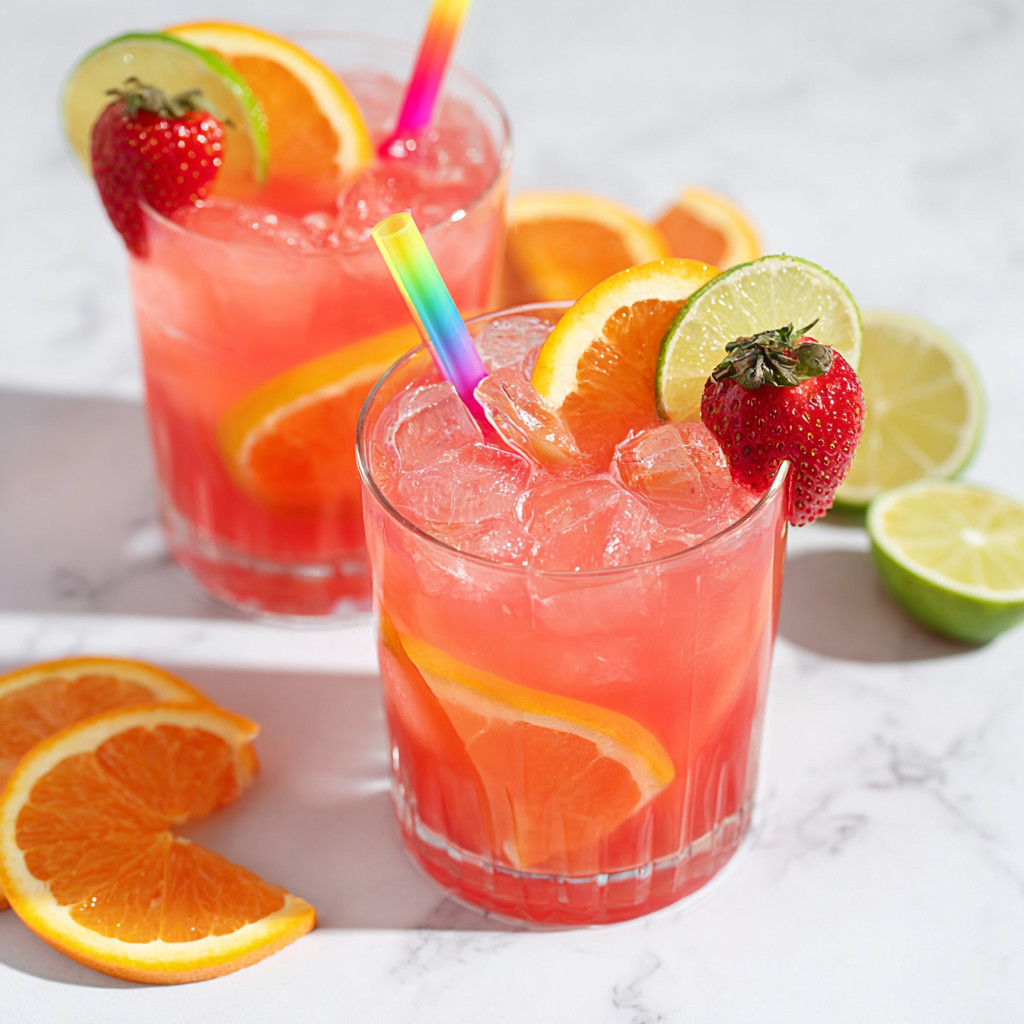 Two glasses of fruit punch cocktail with orange slices.
