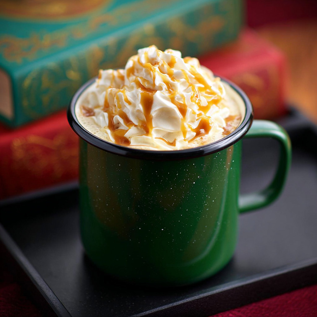 A green mug of Harry Potter Butterbeer Latte.