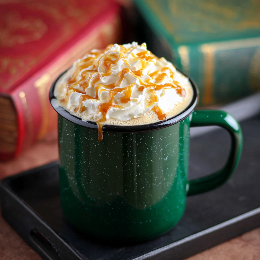 A green mug filled with a drink that is topped with whipped cream and caramel.