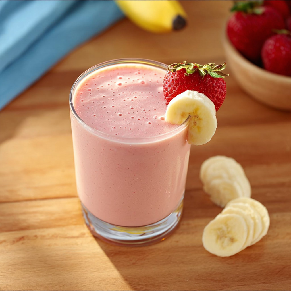 A glass of strawberry banana smoothie.
