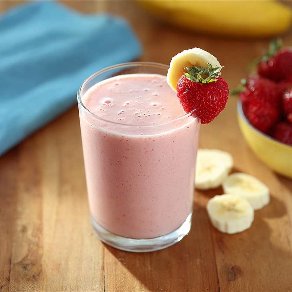 A glass of strawberry banana smoothie.