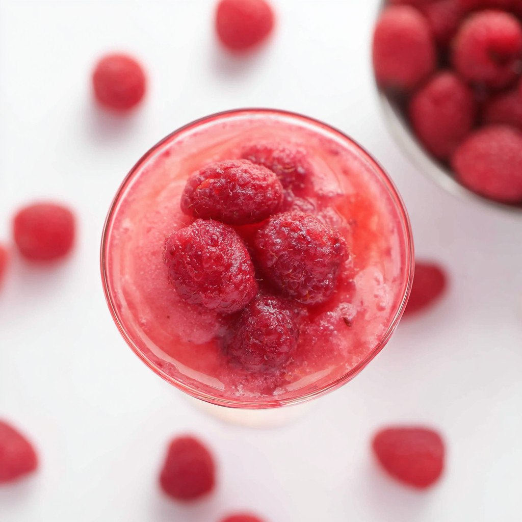 A glass of pink juice with red berries on the side.
