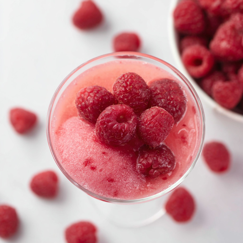 A glass of pink drink with raspberries on top.