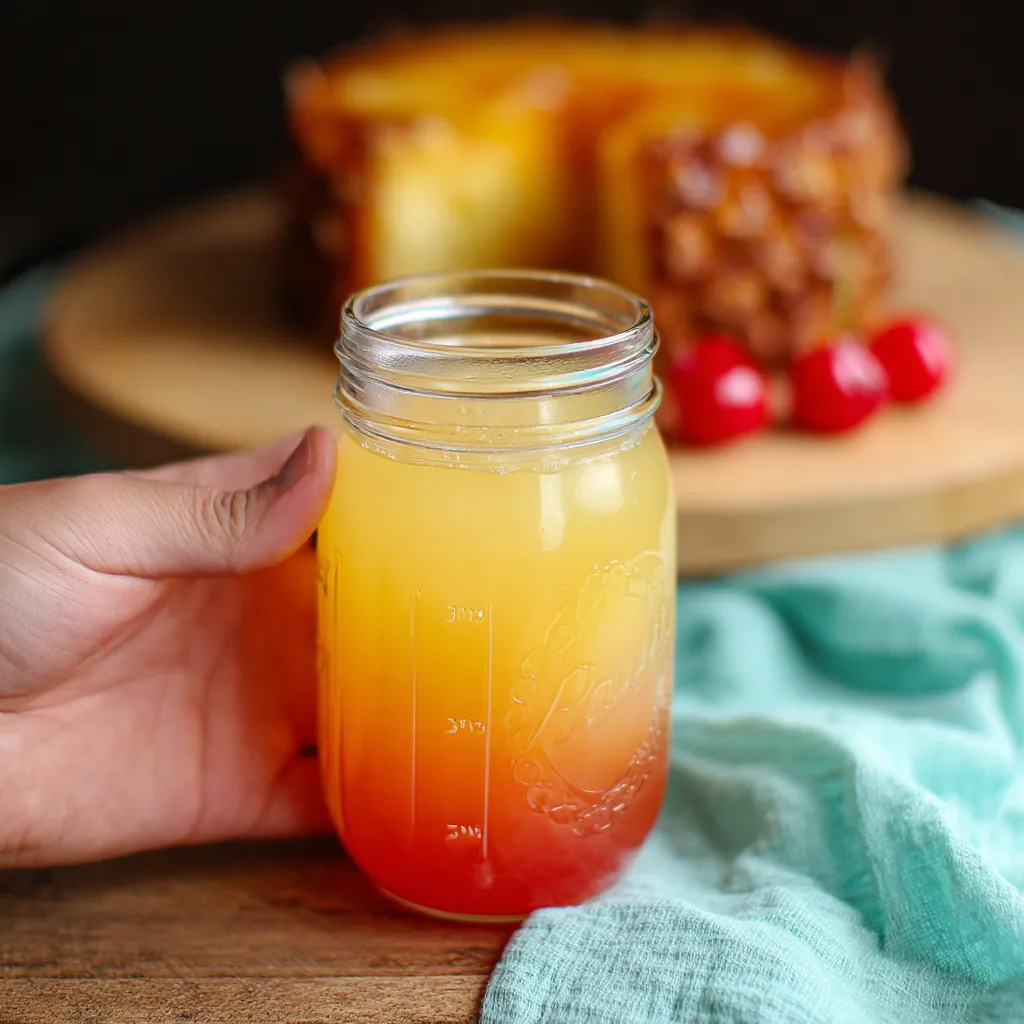 A hand holding a glass of pineapple upside down cake.