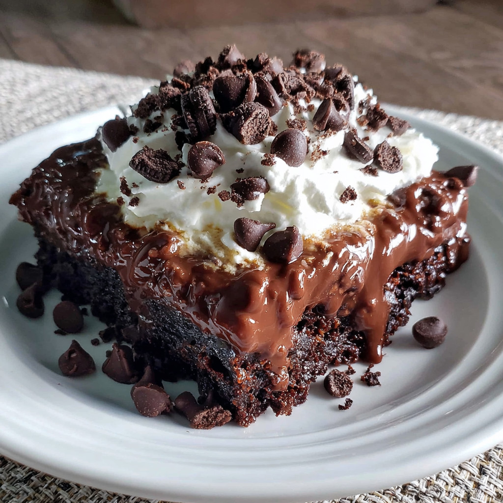A chocolate cake with white frosting and chocolate chips.
