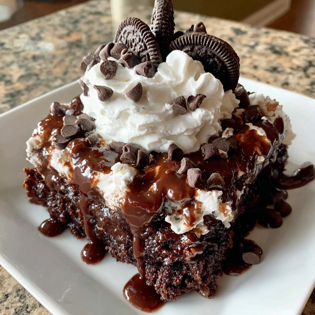 Chocolate cake with white icing and chocolate chips.