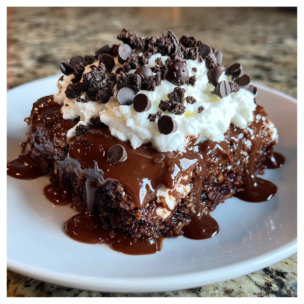 A plate of chocolate cake with white frosting and chocolate chips.