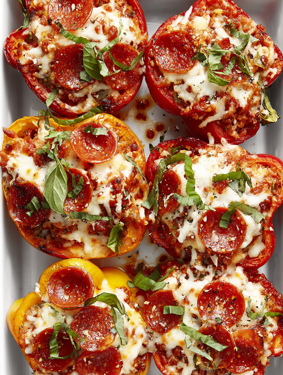 A plate of peppers with cheese and pepperoni.