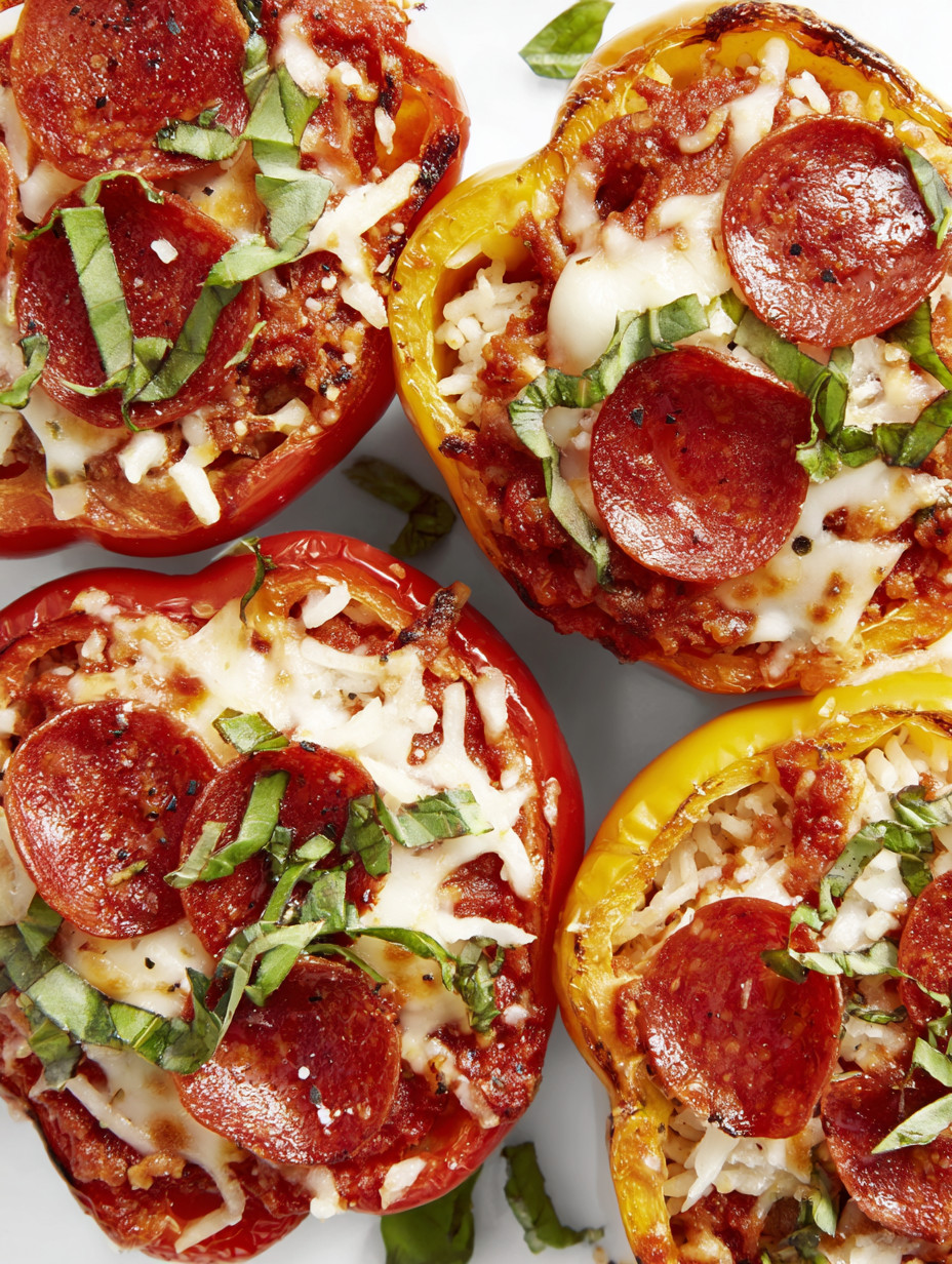 A plate of peppers with pepperoni on top.