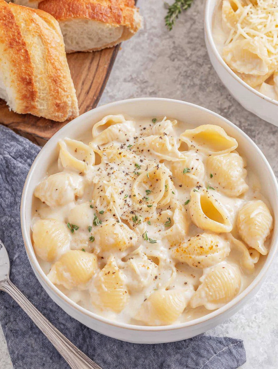 A bowl of pasta with bread and cheese.