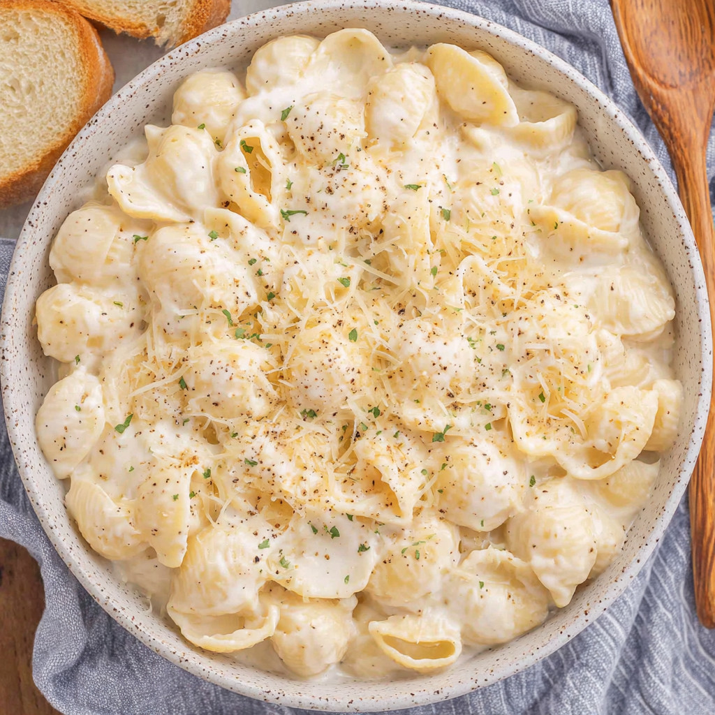 A bowl of pasta with cheese and herbs.